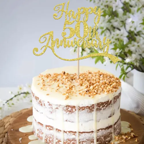 Vista 5 de 1 pieza de decoración de pastel de feliz 50 aniversario ensamblada con purpurina dorada dorada para tartas de boda para celebrar bodas, suministros