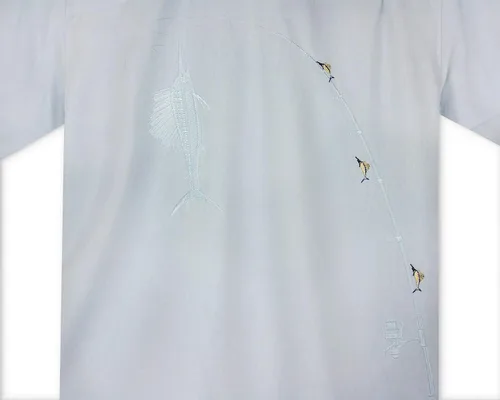 Vista 3 de Bamboo Cay Camisa de campamento bordada estilo tropical Shake The Hook para hombre, Azul Patchwork