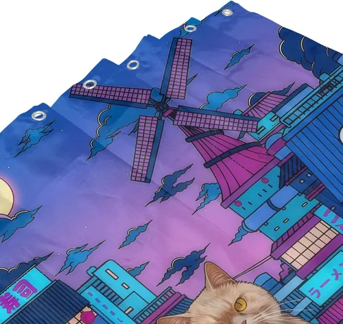 Vista 4 de Cortina de ducha de gato japonés neón de ciudad, impermeable, decoración Cyberpunk de poliéster para niños y adultos, se adapta a bañera, ducha