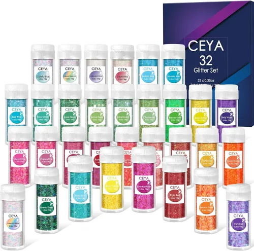 Vista 11 de Ceya Juego de purpurina gruesa de 32 colores, 11.28 onzas/11.29 oz de purpurina para manualidades en polvo mezclado con copos gruesos y finos cada