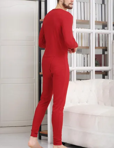 Vista 2 de COLORFULLEAF Ropa interior térmica de algodón para hombre, trajes de unión Henley Onesies capa base
