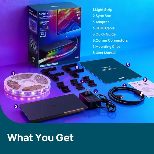 Vista 9 de Linkind Retroiluminación para TV, caja de sincronización HDMI 2.1 con tecnología AI LumiSync, compatible con 8K@60Hz, retroiluminación LED