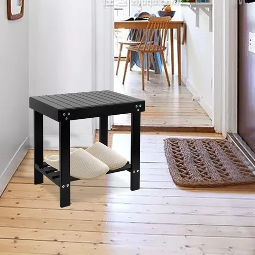 Vista 6 de VaeFae Taburete de bambú para asiento de spa, reposapiés, taburete de afeitado con pies antideslizantes, estante de almacenamiento para toalla