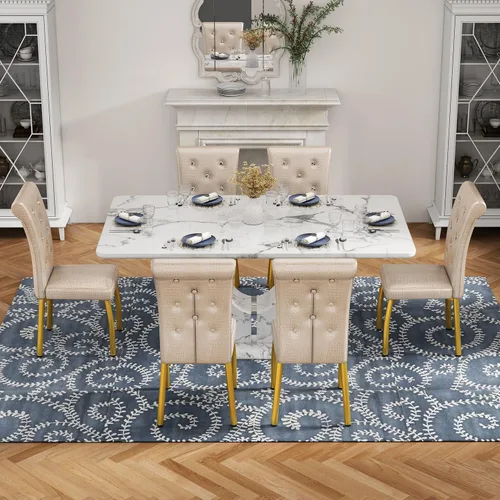 Vista 22 de Moderno juego de mesa de comedor de mármol sintético para 4, mesa de cocina rectangular blanca de 63 pulgadas con elegante base de pedestal