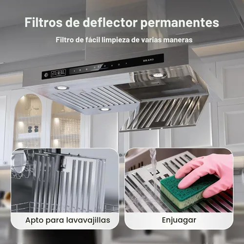Vista 7 de BRANO - Campana extractora Island de 30 pulgadas con 900 CFM, 4 velocidades, control de voz/gestos/táctil, convertible con conductos/sin conductos