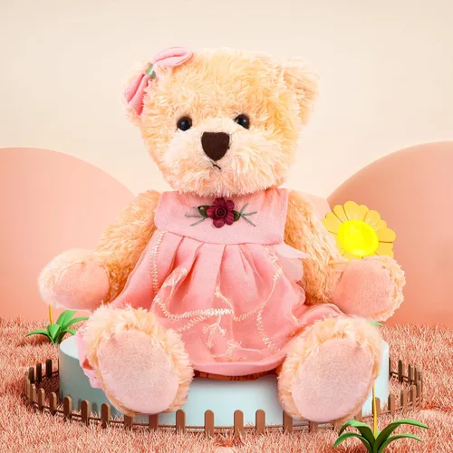 Vista 4 de Oso de peluche pequeño en un vestido, lindo juguete de peluche suave, regalo para bebés, niños y niñas en Navidad o día de San Valentín