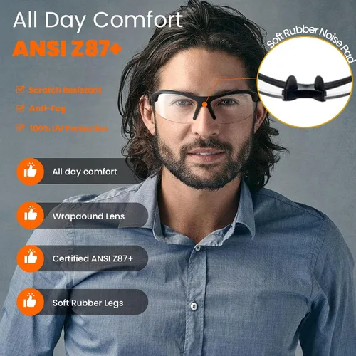 Vista 6 de Anteojos de seguridad transparentes para hombres y mujeres, resistentes a los arañazos, ANSI Z87, 100% protección UV, protección ocular antivaho