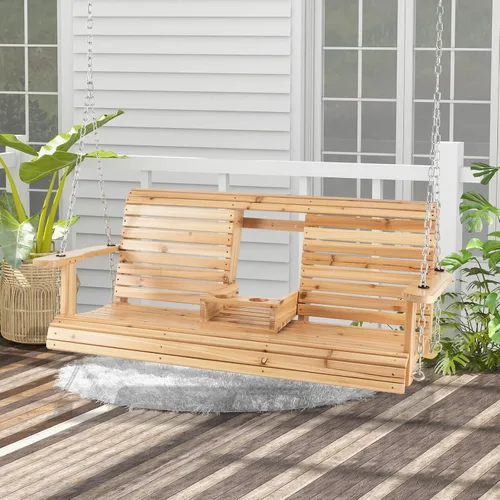 Vista 2 de Giantex Columpio colgante para porche al aire libre – Banco de columpio de madera de 2 asientos con portavasos plegable y cadenas colgantes de metal