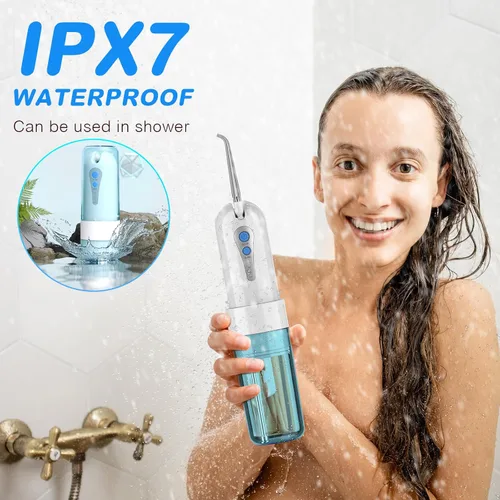 Vista 7 de Irrigador dental de agua para limpieza de dientes y hilo dental con funda de tamaño de viaje, irrigador oral recargable, irrigador dental portátil