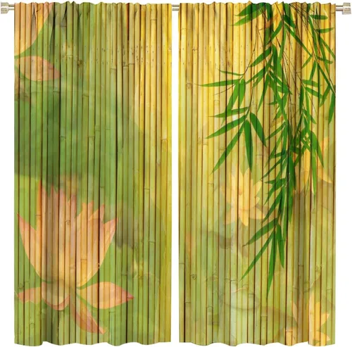 Vista 55 de Cortinas con estampado de bambú, tallos y hojas de bambú, temática oriental natural, oscurecimiento de habitación, ventana, ventana, cortina