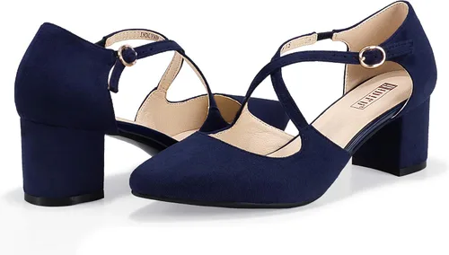 Vista 5 de IDIFU Lynn - Vestido de tacón bajo para mujer, con puntera cerrada, tacón grueso, correa cruzada, boda, fiesta, oficina, zapatos, 5