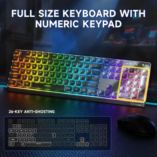 Vista 4 de M104 Teclado inalámbrico para juegos con cable/Bluetooth mecánico tacto iluminado teclado de computadora con teclado numérico RGB tamaño completo