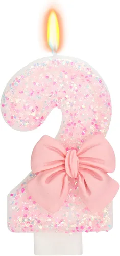 Vista 55 de Vela de cumpleaños para pastel, vela 0 - purpurina rosa con lazo, vela de feliz cumpleaños de 2.76 pulgadas, adorno superior de pastel para fiestas