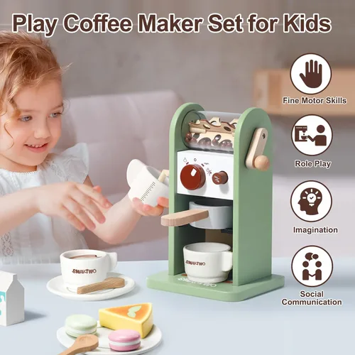 Vista 4 de Cafetera de madera para niños, juego de juguetes de comida para niños pequeños