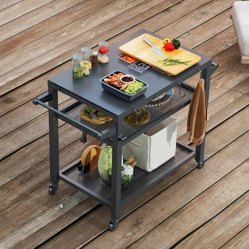 Vista 9 de Domi - Mesa de parrilla para exteriores de 3 estantes, carrito de parrilla con ruedas, horno de pizza al aire libre y mesa de preparación