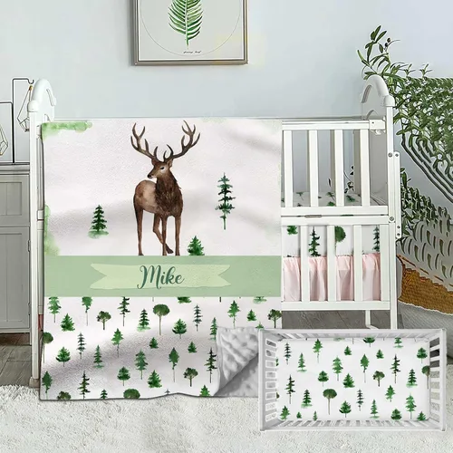 Vista 10 de Juego de ropa de cama personalizado para cuna de bebé, edredón de cuna con nombre personalizado, ropa de cama de ciervo con cuernos, juego de 2