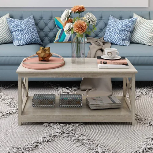 Vista 4 de Mesa de centro Rainbow Sophia, mesa de centro moderna de estilo granja en madera con almacenamiento de 2 niveles, 40 pulgadas, roble blanco