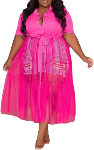 Vista 5 de Sunlips Vestido sexy con solapa para mujer, talla grande, con malla, transparente, manga corta, con vuelo, para discoteca