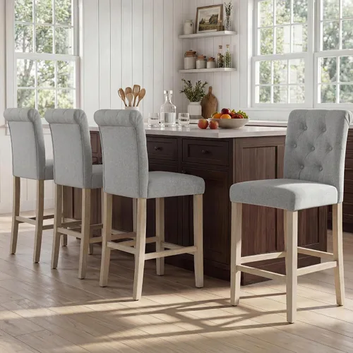 Vista 15 de GOTMINSI Taburetes de tela beige de 24 pulgadas, juego de 2 sillas tapizadas de altura de mostrador con decoración copetuda de estilo ocio