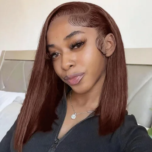 Vista 14 de Peluca Bob de pelo humano 13x4 encaje frontal HD estilo Bob corta y recta con parte lateral para mujeres negras, pelo humano prearrancado, sin De