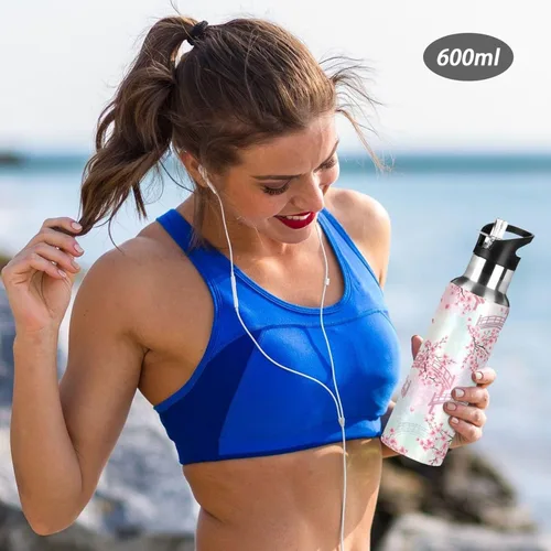 Vista 6 de BPA-Free Sports Water Bottle with Straw 32 Oz, Insulated Stainless Steel Water Bottle with Straw for Gym Outdoor Travel School, Cherry Blossom