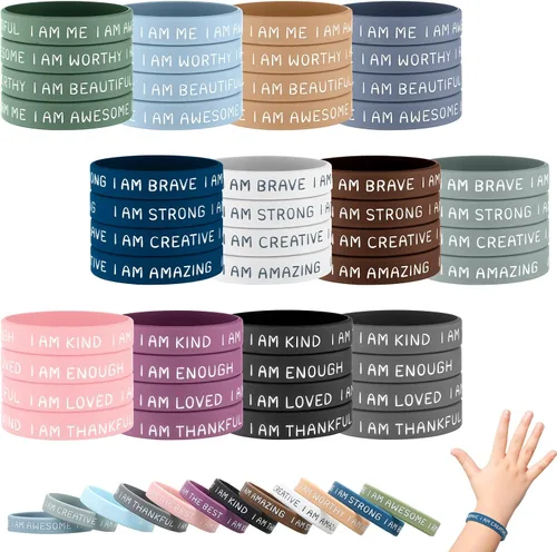 Vista 11 de Sratte 48 pulseras de silicona inspiradoras para niños, de goma motivacional, elásticas, unisex, pulseras de afirmación para estudiantes, regalo
