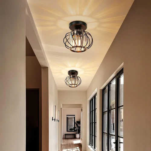 Vista 3 de FRIDEKO HOME Paquete de 2 Luces de Techo Semi Empotradas - Pequeña Lámpara de Araña de Cristal para Pasillo con Jaula de Metal Negro, Accesorio
