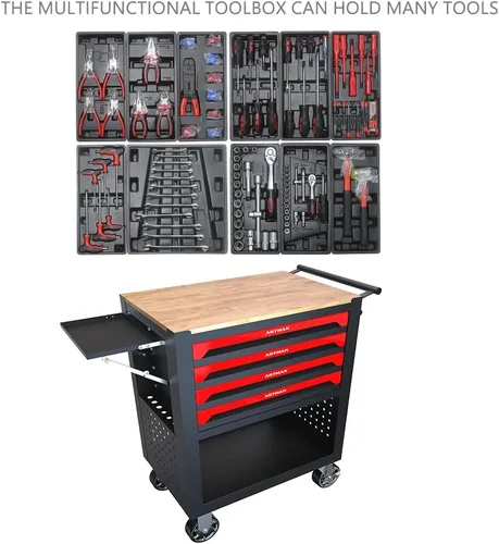 Vista 5 de PULLAFUN Carrito de herramientas con ruedas con caja de herramientas de 4 cajones, baúl de herramientas con ruedas y parte superior de madera