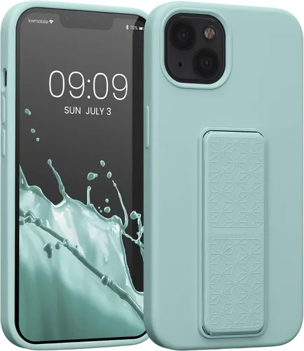 Vista 14 de kwmobile Funda compatible con Apple iPhone 13 - Funda con correa de mano y soporte revestimiento de silicona TPU suave - Azul Báltico