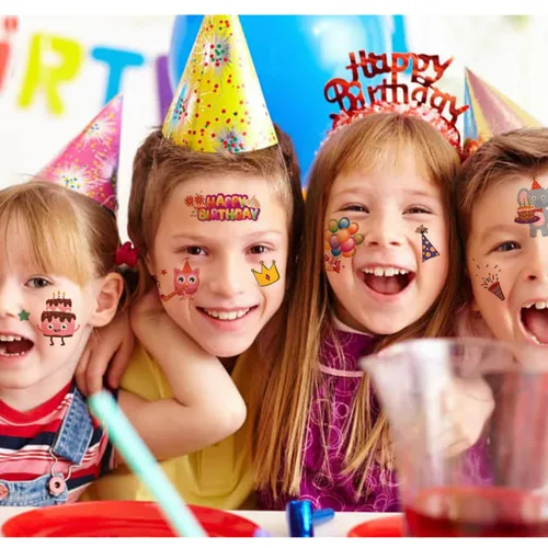 Vista 4 de CHARLENT Tatuajes de feliz cumpleaños – 14 hojas de tatuajes temporales para niños, niñas, recuerdos de fiesta y rellenos de bolsas de golosinas
