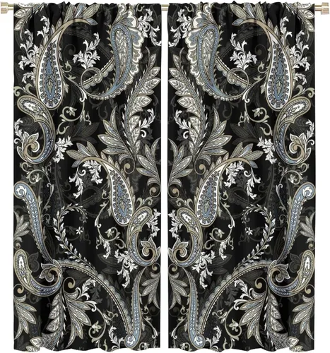 Vista 181 de Cortinas opacas con estampado de flores de cachemira, estampado de cachemira sobre fondo blanco, para decoración del hogar, cocina, restaurante