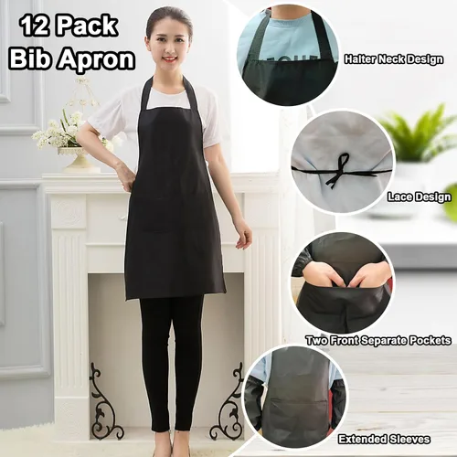 Vista 4 de smilixin Paquete de 12 delantales con peto, delantales negros con 2 bolsillos, delantales lisos unisex negros con lazos largos, delantales de cocina