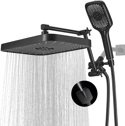 Vista 11 de Cabezal de ducha de lluvia de alta presión con combo de rociador de mano, cabezales de ducha de lluvia de 12 pulgadas con brazo de extensión Negro