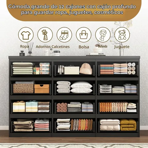 Vista 4 de Cómoda negra de 12 cajones para dormitorio, cómoda moderna con cajones profundos de 63 pulgadas, cómoda de almacenamiento ancha y larga, muebles