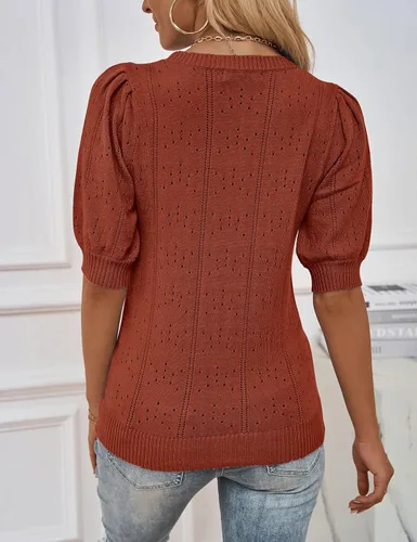 Vista 4 de MEROKEETY - Suéter de manga corta abombada para mujer, cuello redondo, tejido de ganchillo, sin botones, suave