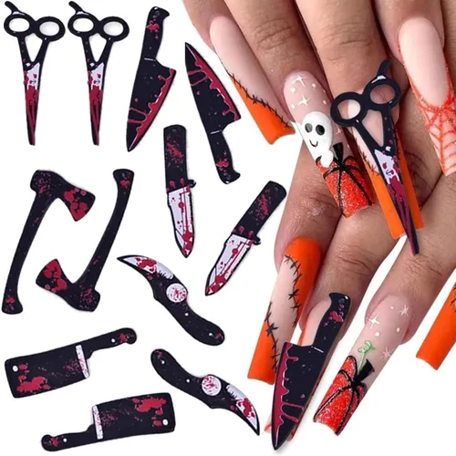 Vista 4 de 12 dijes de uñas de Halloween para uñas acrílicas, cuchillo de sangre de terror 3D, tijeras, hacha, dijes de Halloween para uñas, cuchillos 12