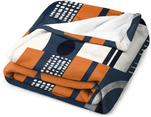 Vista 3 de Manta de franela de mediados de siglo, color azul marino, naranja quemado, estética abstracta, geométrica, acogedora, manta moderna de mediados