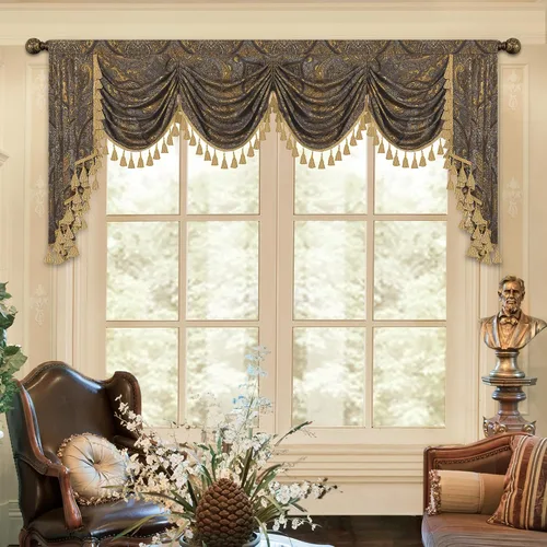 Vista 18 de Loom and Mill Cenefa de cascada de lujo de jacquard para sala de estar, elegantes cenefas de ventana con festones y cuentas damascadas, cortinas