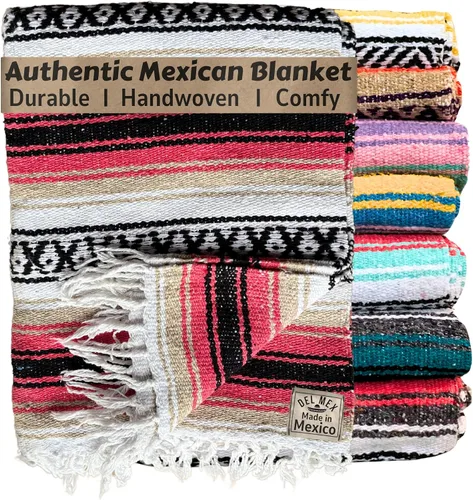 Vista 7 de Del Mex Manta clásica mexicana, gran manta falsa tejida auténtica (70 x 50 pulgadas), decoración artesanal del suroeste para playa, yoga, aire libre