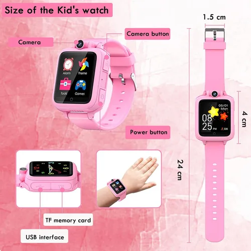 Vista 6 de Reloj inteligente para niños, reloj educativo, 14 juegos de rompecabezas, reproductor de música MP3, cámara de video, despertador, calculadora