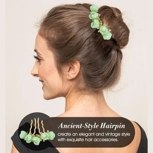 Vista 4 de inSowni 5 piezas vintage retro tradicional asiático chino Hanfu perla verde jade flor de pelo peines laterales diapositivas de metal horquillas