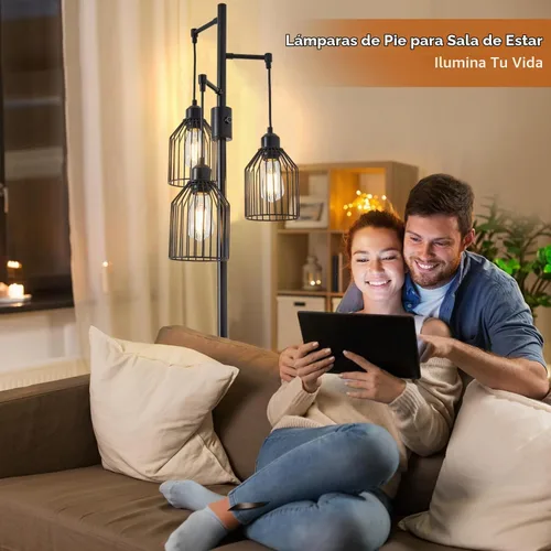 Vista 4 de Lámpara de pie regulable para sala de estar, lámpara de pie de granja con elegante jaula colgante, 3 bombillas LED Edison incluidas, lámpara de pie