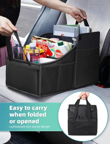 Vista 7 de YOHOOLYO Organizador de Asiento de Coche Organizador de Asiento Trasero de Coche con 4 Compartimentos, 4 Portavasos y 7 Bolsillos de Malla para Negro