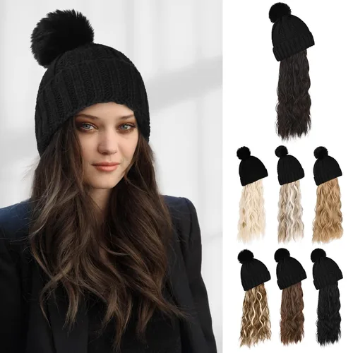 Vista 15 de Flufymooz Gorro con peluca, extensión de pelo con gorro de piel sintética con pompón largo ondulado rizado, peluca con gorro adjunto de 20 pulgadas