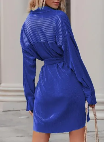 Vista 2 de Dokotoo Vestido camisero informal con cuello en V y botones para mujer, manga larga, lazo en la cintura, plisado, casual, con cinturón