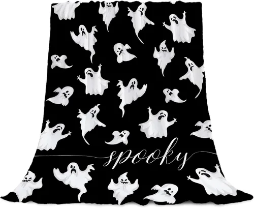 Vista 7 de YeeJu Manta de Halloween pequeña de fantasma espeluznante negro, manta de Halloween para bebé, manta acogedora suave y ligera de felpa de forro