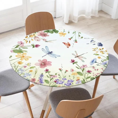 Vista 3 de Mantel redondo ajustable floral de primavera y verano con mantel elástico impermeable para exteriores, cubierta de mesa lavable para interiores