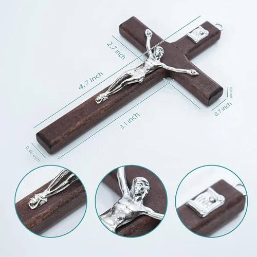 Vista 4 de MelinSam Cruz de pared de crucifijo, cruz católica hecha a mano con cuentas de rosario de madera, collar con colgante y piedras inspiradoras