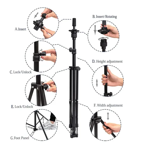 Vista 6 de HYOUJIN Soporte alto para cabeza de peluca, trípode para cabeza de maniquí, soporte ajustable con panel de pie para cabeza de maniquí, cabeza