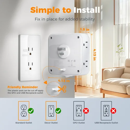 Vista 2 de TESSAN - Extensor de toma de corriente múltiple, extensor de enchufe de pared con 8 enchufes, divisor de salida múltiple con 3 puertos USB
